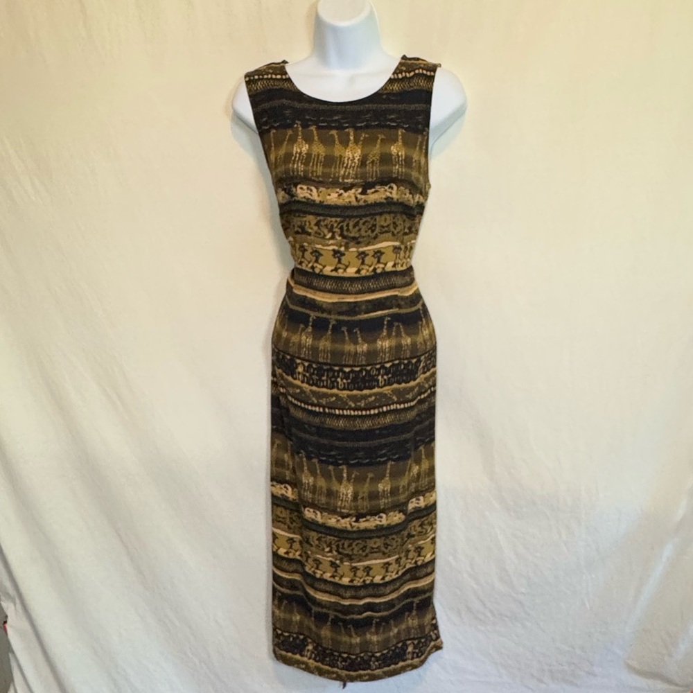 H-76 Sheri Martin Black & Cream Animal Print Sleeveless Maxi Dress Size 8